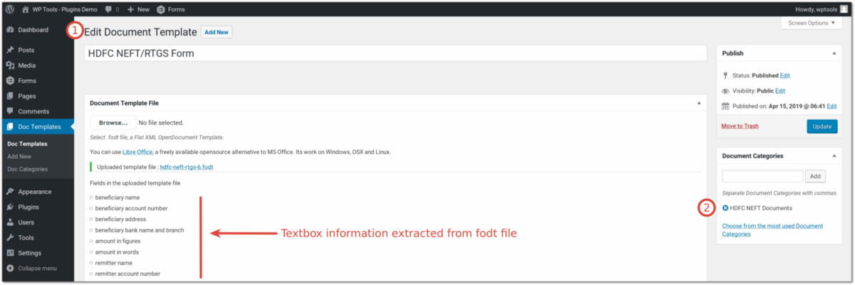 Document Automation - Edit document template page in WordPress admin
