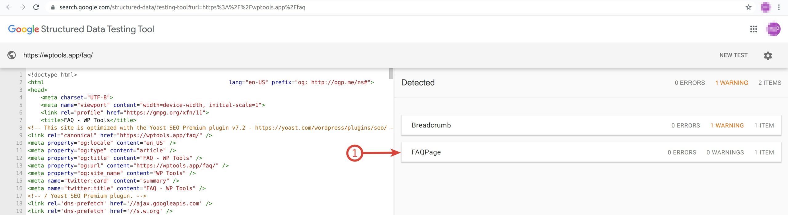 Structured Data Testing Tool - FAQ results via URL