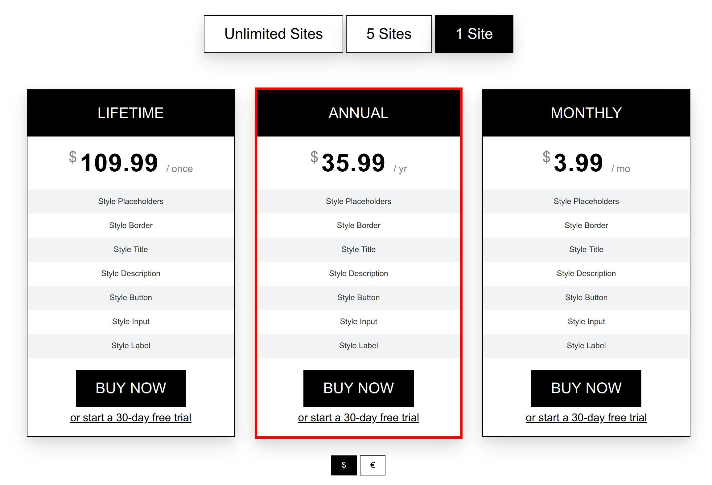 Freemius Pricing Table