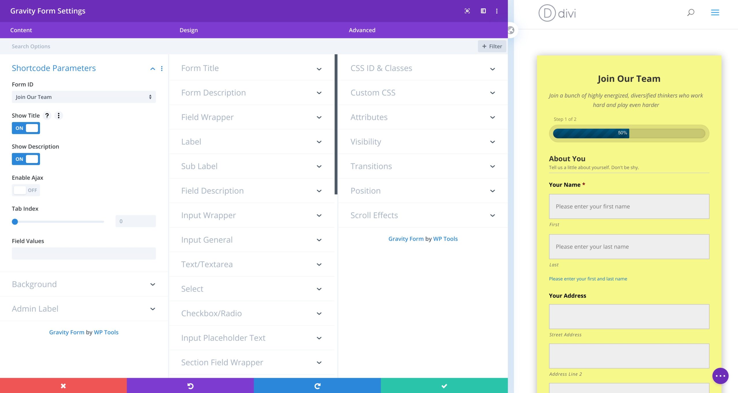 Gravity Forms Divi Theme Module Options