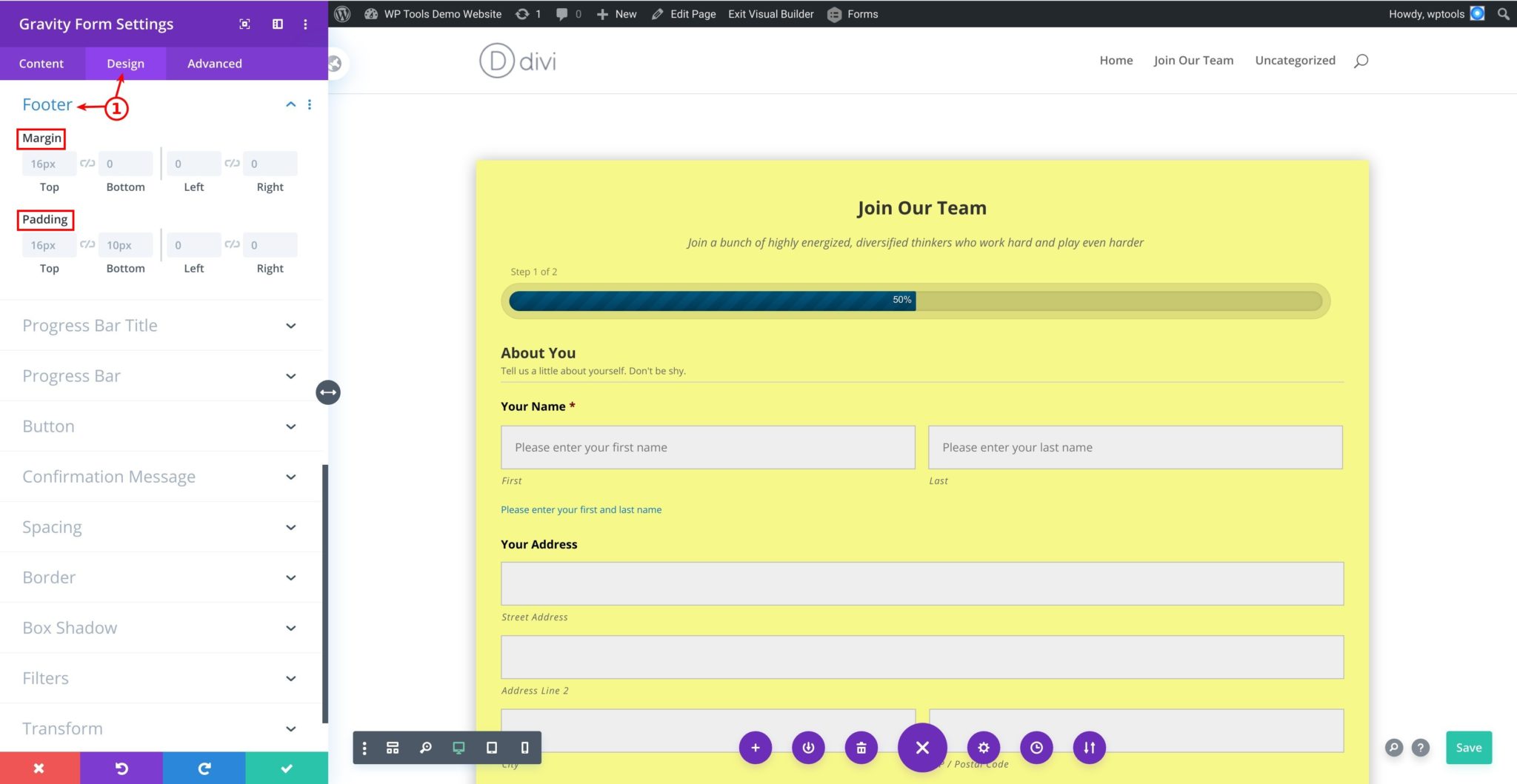 Style Gravity Forms Footer In Divi Theme - WP Tools