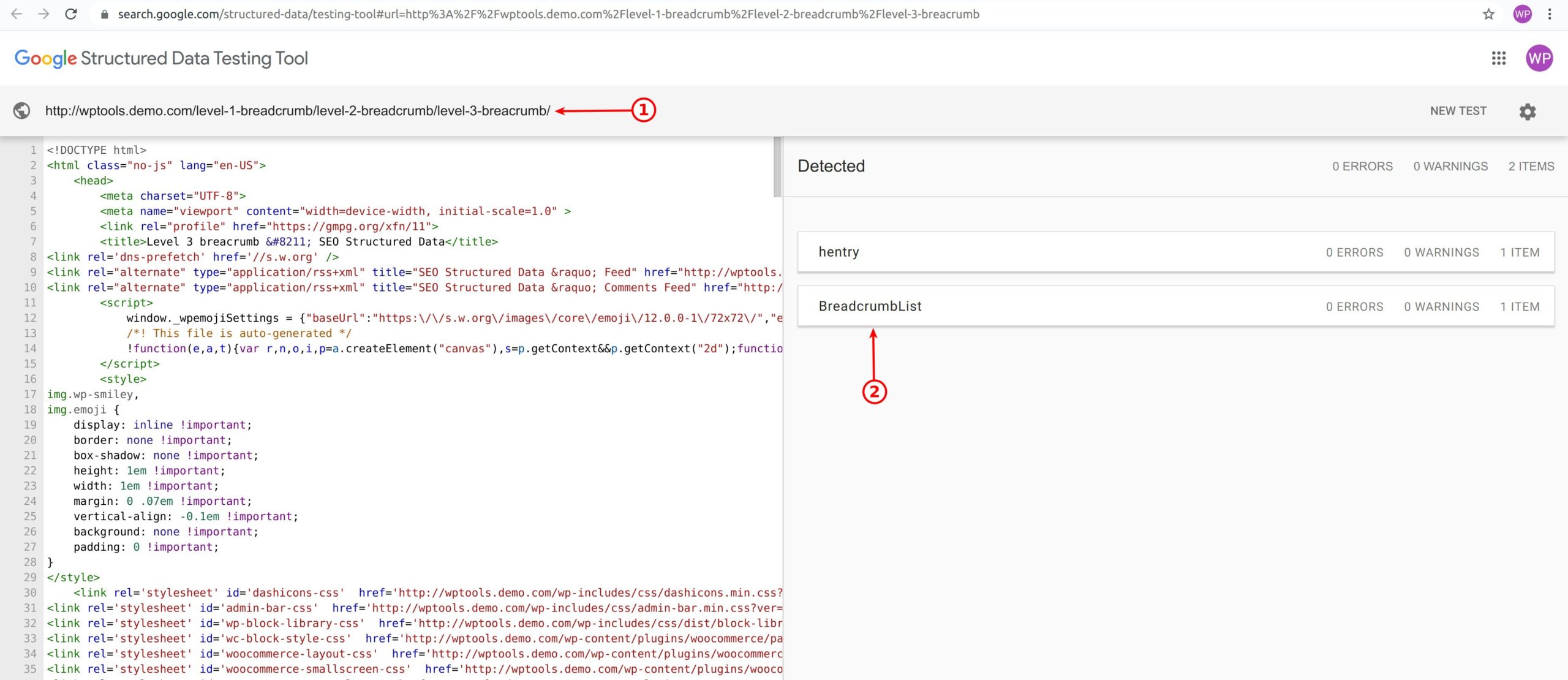 Breadcrumb Schema Validity Check Using Google Structured Data Testing Tool - WordPress Schema Plugin